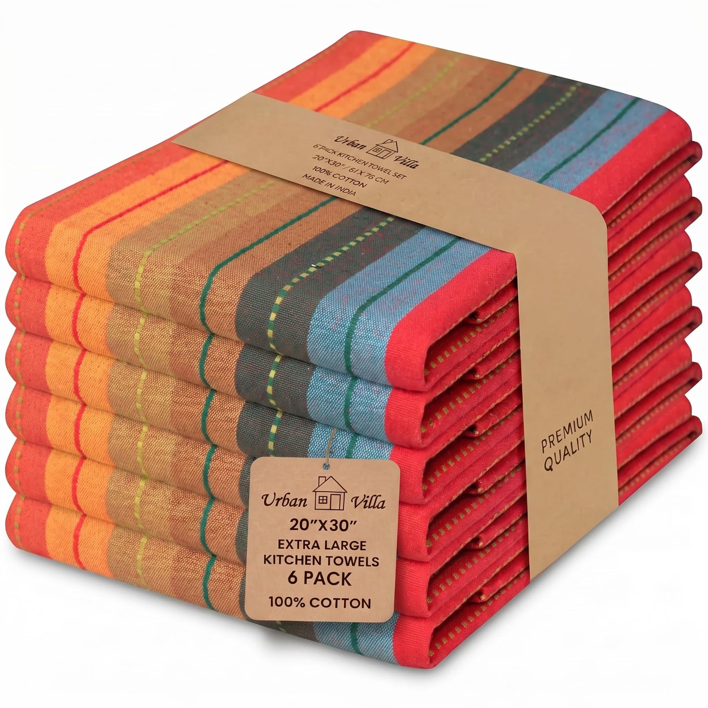 Urban Villa Kitchen Towels 100% Cotton Dish Towels for Kitchen (Set of 6) 20"x30" Highly Absorbent Kitchen Linen Set with Hanging Loop Dish Cloths Perfect for Drying Dishes Cleaning Towels - Red Multi