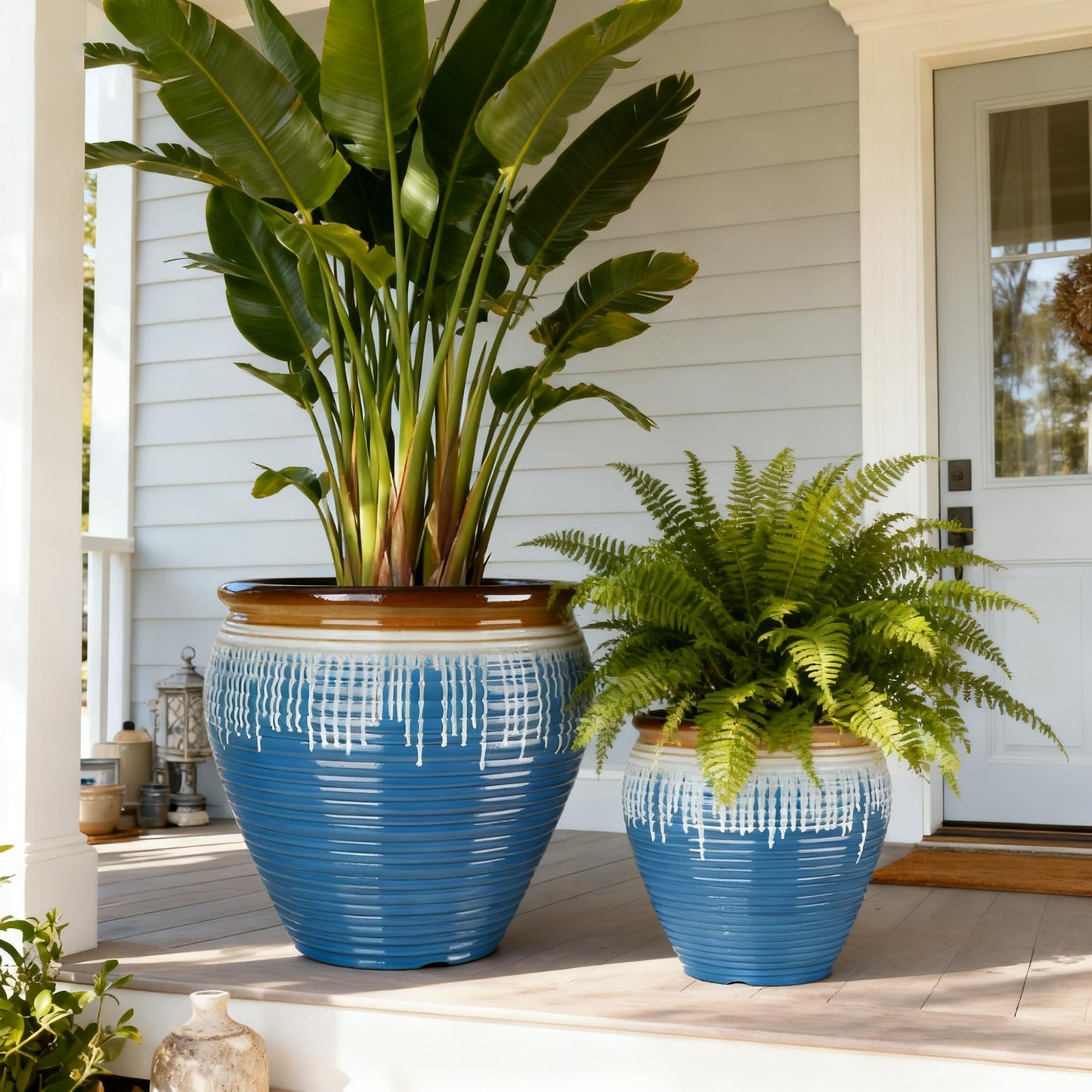 WORTH Clay-Pot-Style Plastic Planters Set of 2 (Large: 17"Dia x 16"H & Small: 13"Dia x 13"H), Blue-Glazed Plant Pot, Round Lightweight Flower Pots with Drainage Hole & Plug for Indoor & Outdoor Use