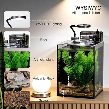 1.2 Gallon Betta Fish Tank, Small Aquarium Kit,Glass Small Fish Tank,Betta Fish Tank with a lid and Light and Filter, Small Transparent Glass Fish Tank with Light and Filter(Black Glass Background)
