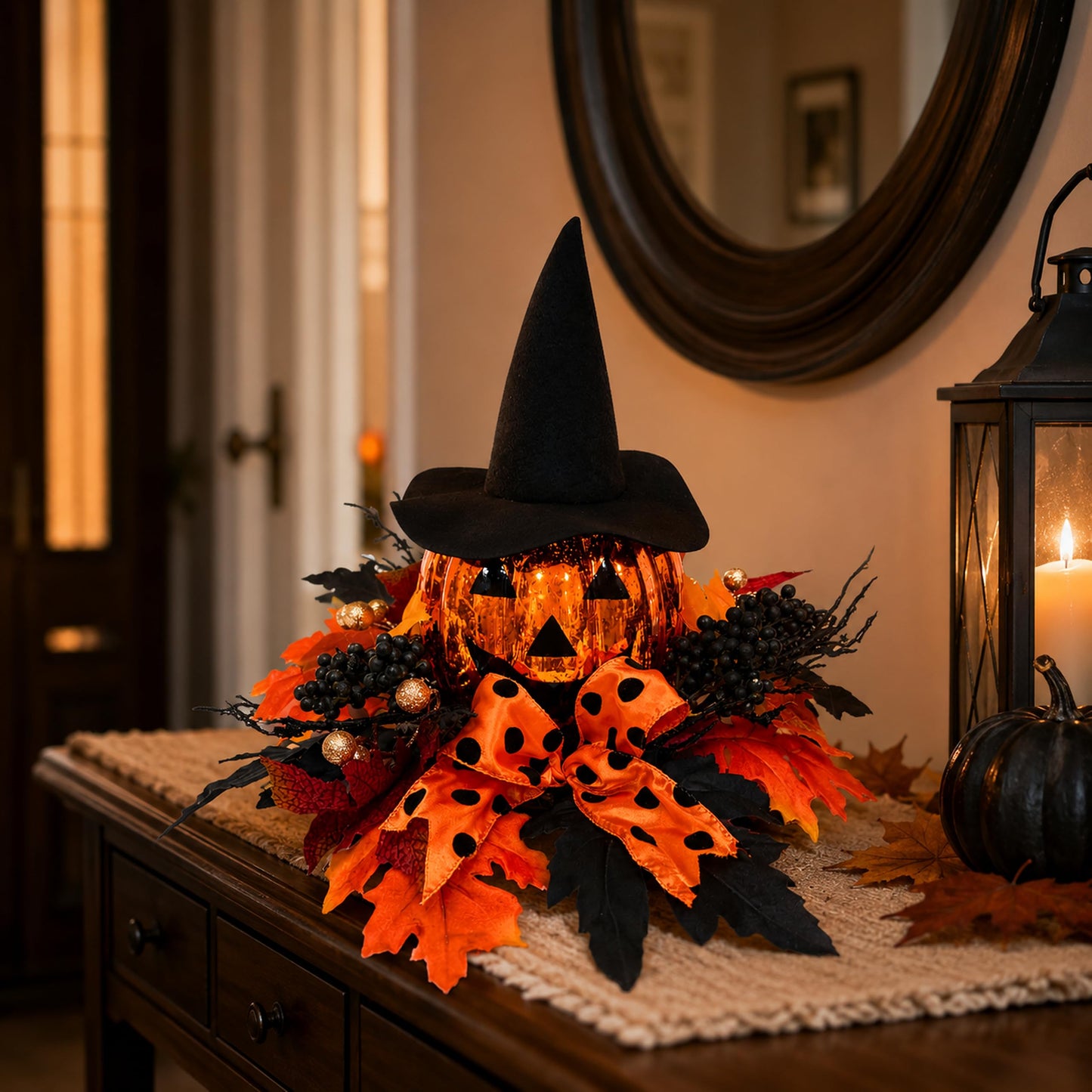Svndlyn 15 Inch Lighted Halloween Pumpkin Decor with Witch Hat and Bow