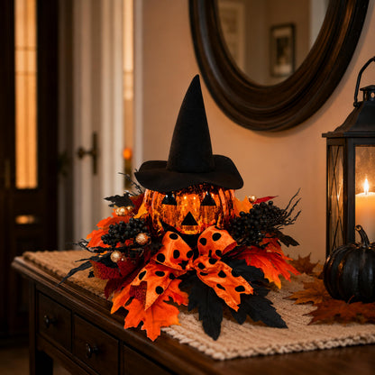 Svndlyn 15 Inch Lighted Halloween Pumpkin Decor with Witch Hat and Bow