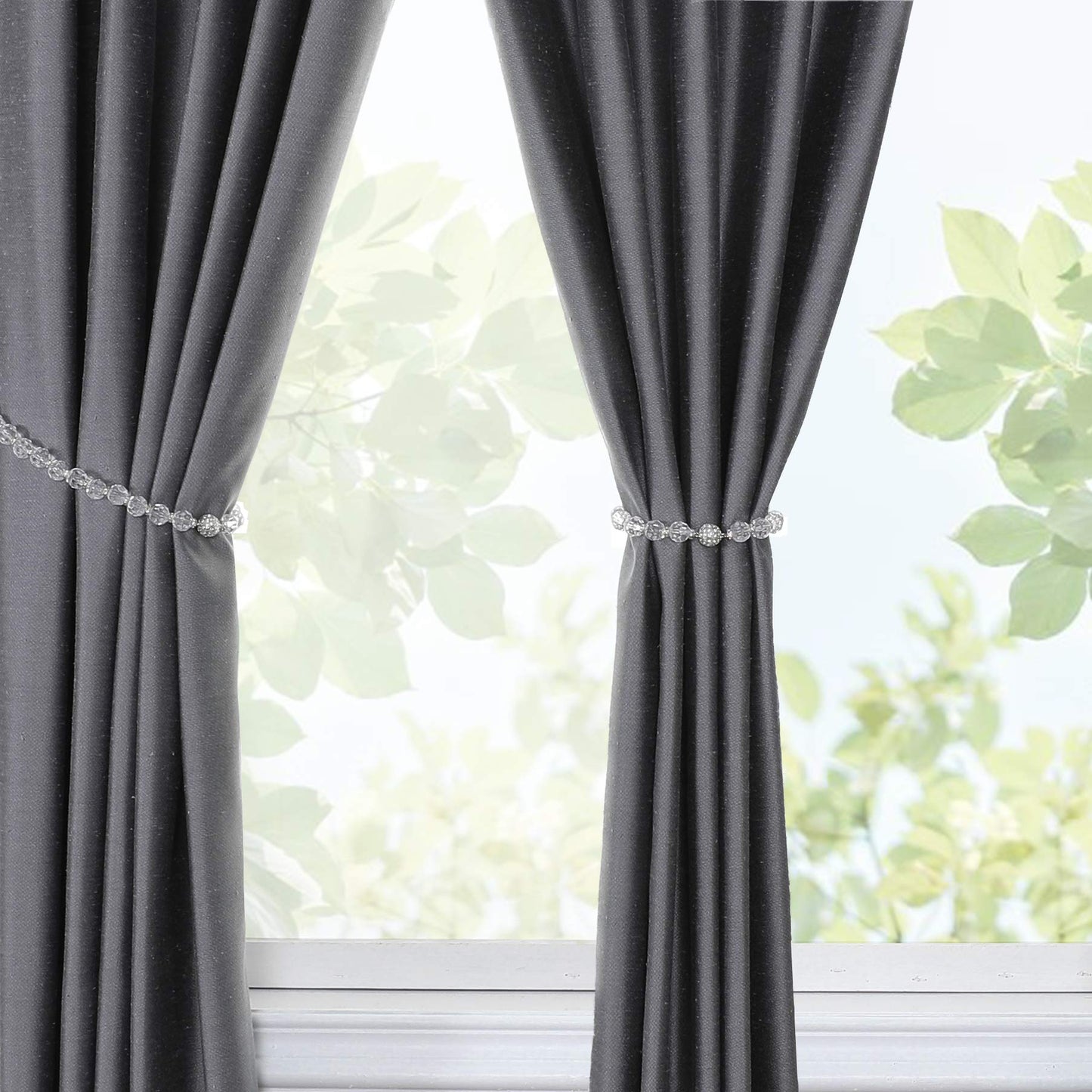 Central Park 2 Pack Curtain Tiebacks Crystal Bead Magnetic 13 Inches Long Durable Tie Backs Drapery Holdbacks Holder for Window Curtain Panels, Drapes, Home Decor, Clear