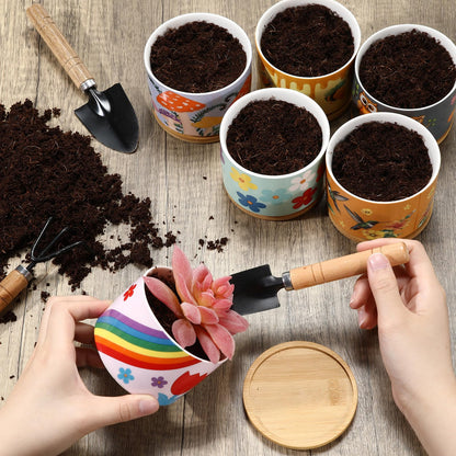 LOYIM 6 Pcs Ceramic Succulent Pots with Drainage and Bamboo Trays, Aesthetic Flower Planters for Spring Decor, Cute Decorative Succulent Pots for Mothers Day, Plant Lovers Gift, 3.7 Inch