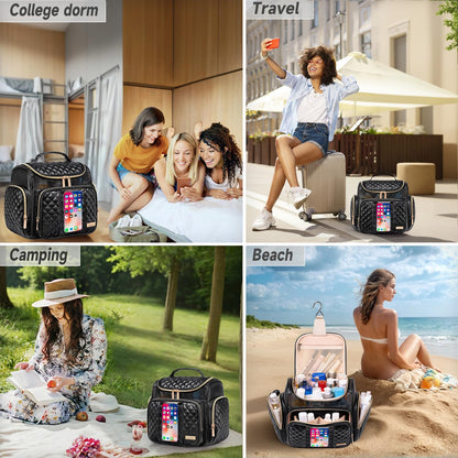 Large Leather Toiletry Bag for Women Men,Bathroom Bag,Water Resistant Shower Bag,Makeup Bag,Portable Shower Caddy for College Dorm,Hanging Travel Toiletry Bag with Transparent Waterproof Phone Pocket