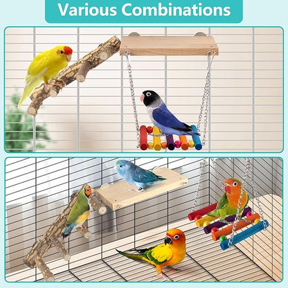 DBNESS 3in1 Bird Perch Toys for Parrots, Wooden Ladder Perch for Cage, Parrot Platform Stand Colourful Swing Hammock Climbing Bridge Exercise Cage Accessories for Budgies Cockatiels Lovebirds Hamster