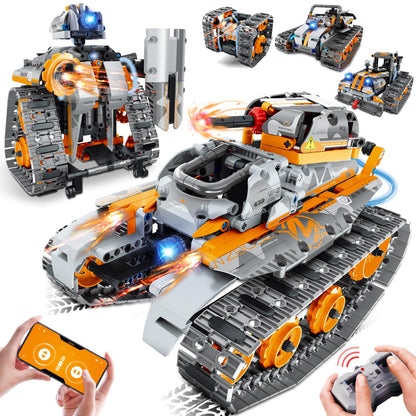 MOJINO 5 in 1 STEM Building Set with LED Light, APP & Remote Controlled Cars Building Toys Kit, RC Robot Tank Sleigh Tracked Racer 554 PCS, Toy Gifts for Kids Boys Girls Ages 6 7 8 9 10 11 12+ Year