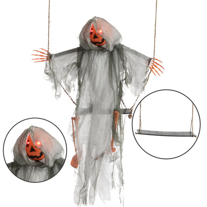 JOYIN 2 Pcs Halloween Hanging Swinging Ghosts Decorations Outdoor, Witch and Pumpkin Face with Lighted Up Eyes, Outside for Yard Patio Lawn Garden Party