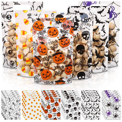 Resholder 60 Pcs Halloween Sealing Gift Bags Plastic Halloween Candy Goodie Bags with Handle Trick or Treat Party Favor Handbags for Spooky Birthday Party Supplies