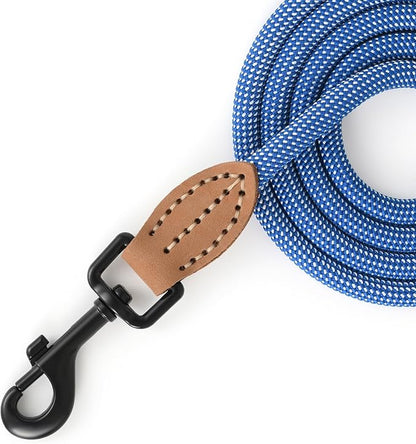Mile High Life Small Dog Leash, Thin Rope Leash with Genuine Leather Connection and Heavy Duty Metal Clasp, Great for Small Medium Dogs(Blue White,72 Inch-1/3)