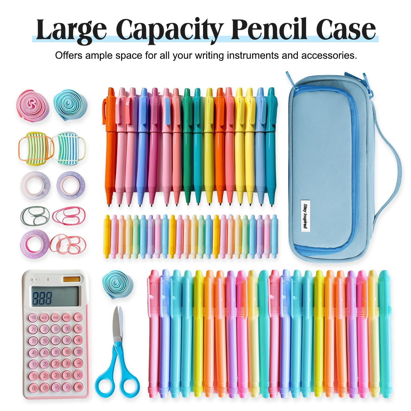 Ralnitote Large Pencil Case for Girls and Boys, Aesthetic Pencil Case Organizer with Handle, Cute Pencil Pouch for School & Office Supplies-Blue
