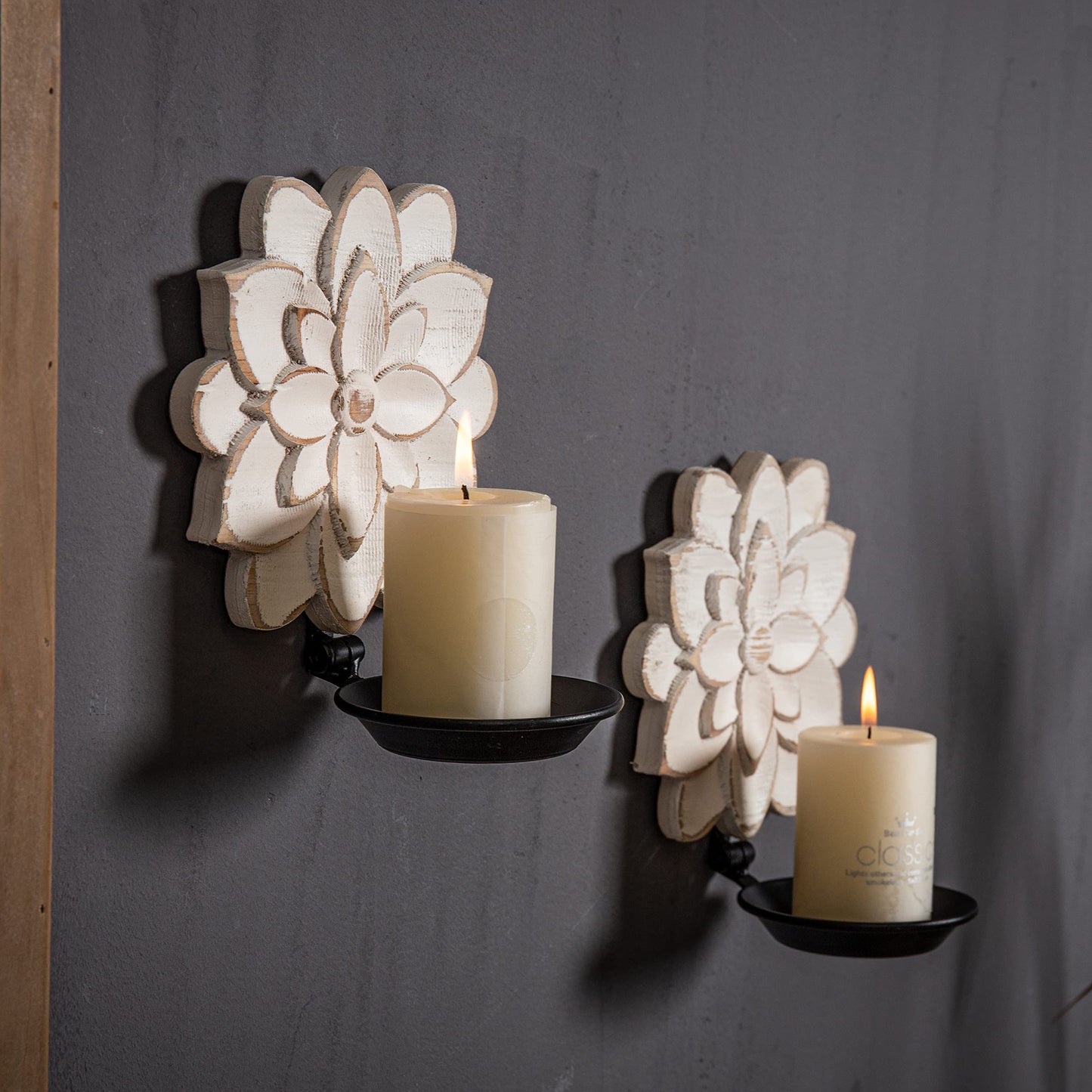 Farmhouse Candle Sconces Set of Two, Handcarved Wall Candle Holders Decorative, Flower Pattern, Distressed Finish Rustic Candle Holder Wall Decor for Living Room, Hallway
