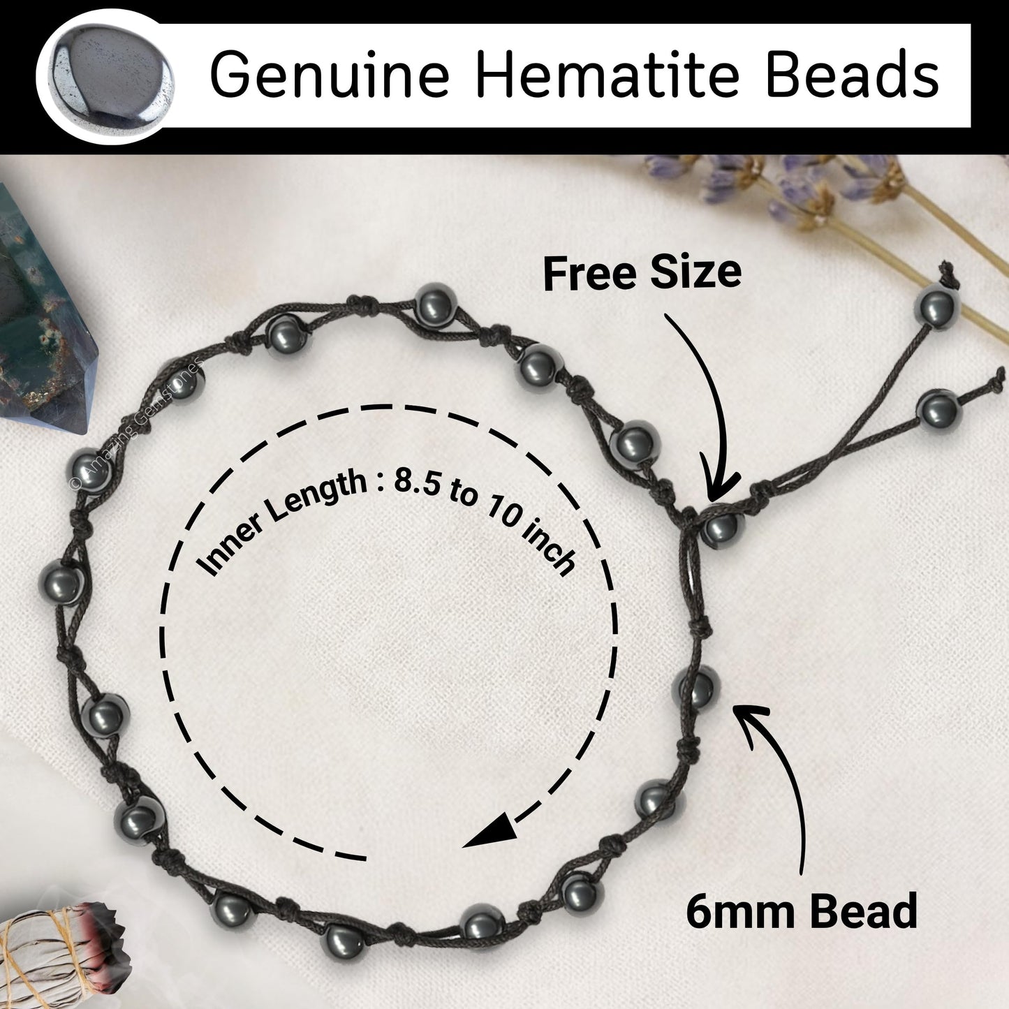 Amazing Gemstone Hematite Anklet Ankle Bracelets for Women - Waterproof Beaded Healing Crystal Anklets, Plus Size Chakra Gemstone Bead Anklet (Stretchy Adjustable - Hand Knotted)