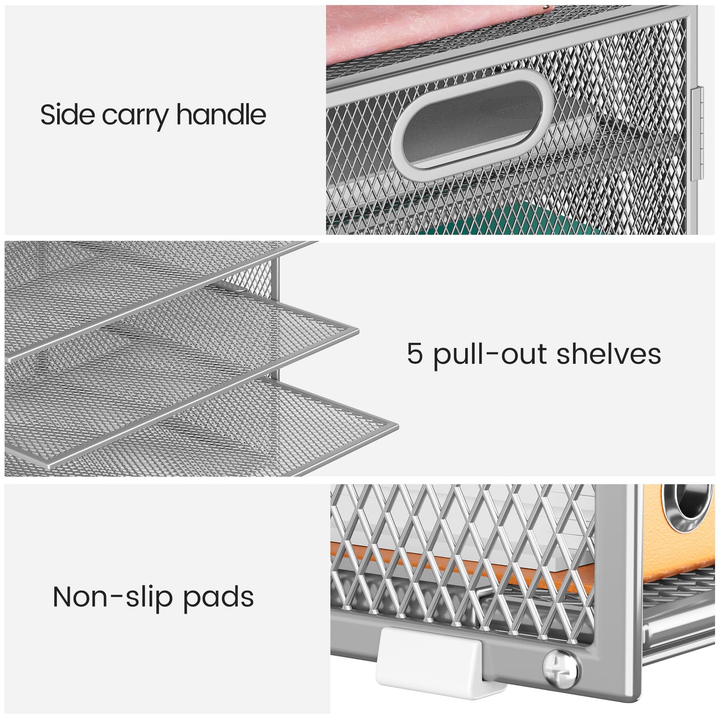 Lavatino 8-Tier Office Desk File Organizer, Letter Tray Paper Organizer with Handle, Including 5 Adjustable Slide Trays for Organizing Desktop Workspace Accessories and Supplies (Silver Metal Mesh)