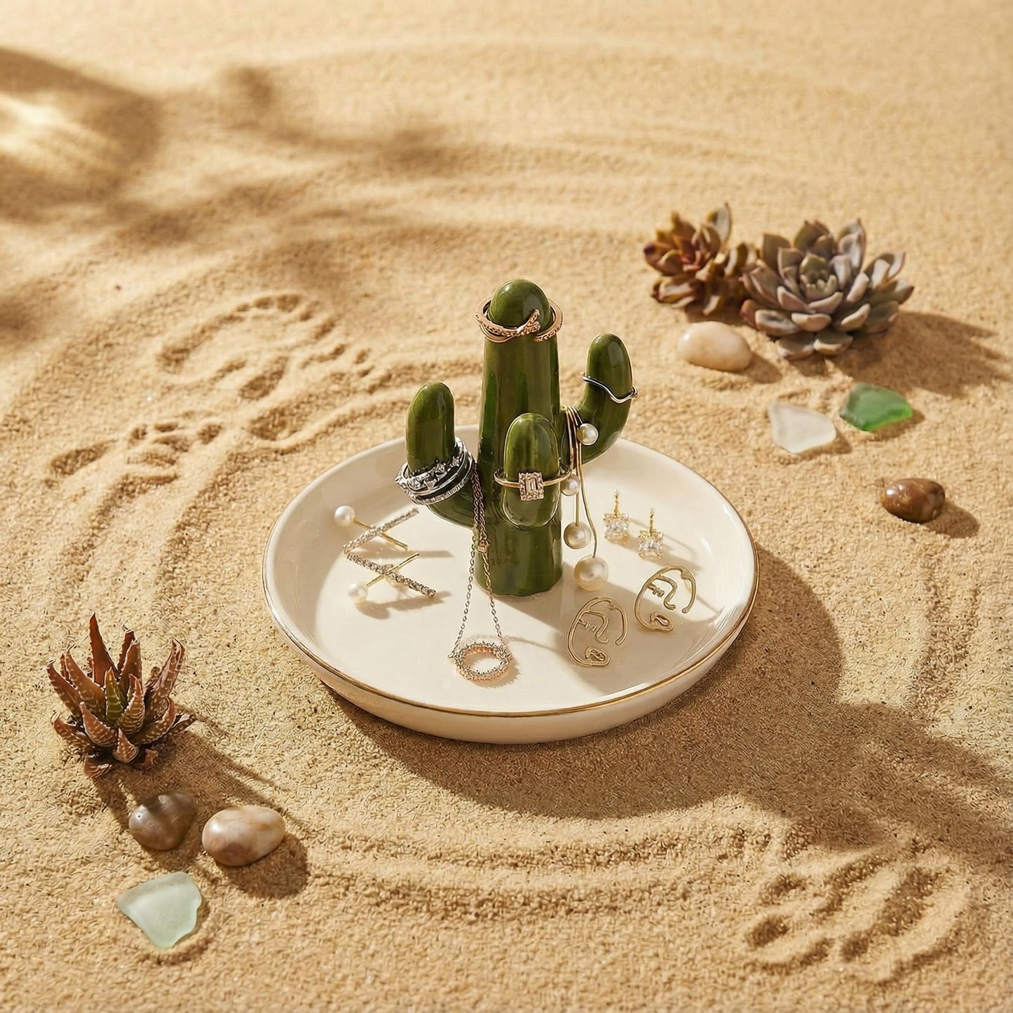 mono living Cactus Jewelry Holder and Ring Dish - Ceramic Succulent Decor for Kitchen Sink or Vanity - Cute Engagement, Birthday, or Mother’s Day Gifts for Women, Gold-Rimmed Trinket Tray