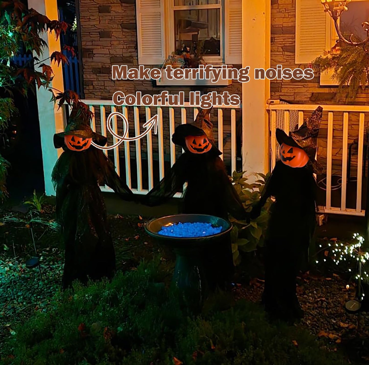 Halloween Decorations, Set of 3 Light Up Pumpkins Witches with Stakes，Voice Control Witch Glowing Head Waterproof for Outside Garden Statue Decoration Grass Lawn