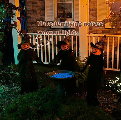 Halloween Decorations, Set of 3 Light Up Pumpkins Witches with Stakes，Voice Control Witch Glowing Head Waterproof for Outside Garden Statue Decoration Grass Lawn