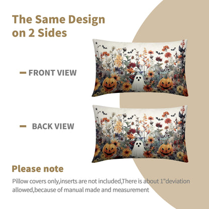 Halloween Pillow Covers 12x20 Inch Set of 2 Ghost Pumpkins Bats and Wildflower Horror Cotton Linen Decorative Throw Pillow Cases Spooky Holiday Cushion Covers for Bedroom Living Room Sofa Couch Chair
