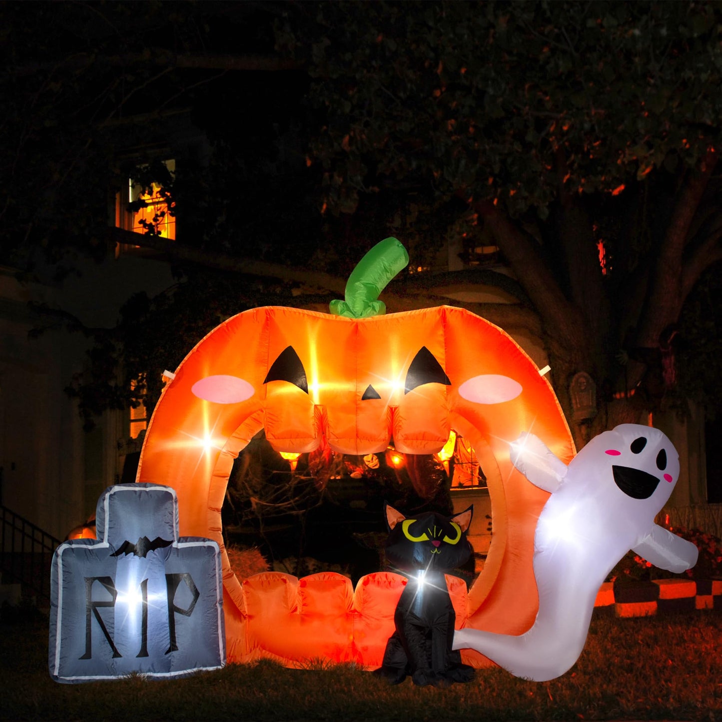 VENLOIS 7FT Halloween Inflatable Pumpkin Photo Frame with Tombstone Black Cat White Ghost,Built-in LEDs for Halloween Blow Up Indoor Decor, Cute Fun Holiday/Party/Yard/Garden Fantasy Party Display