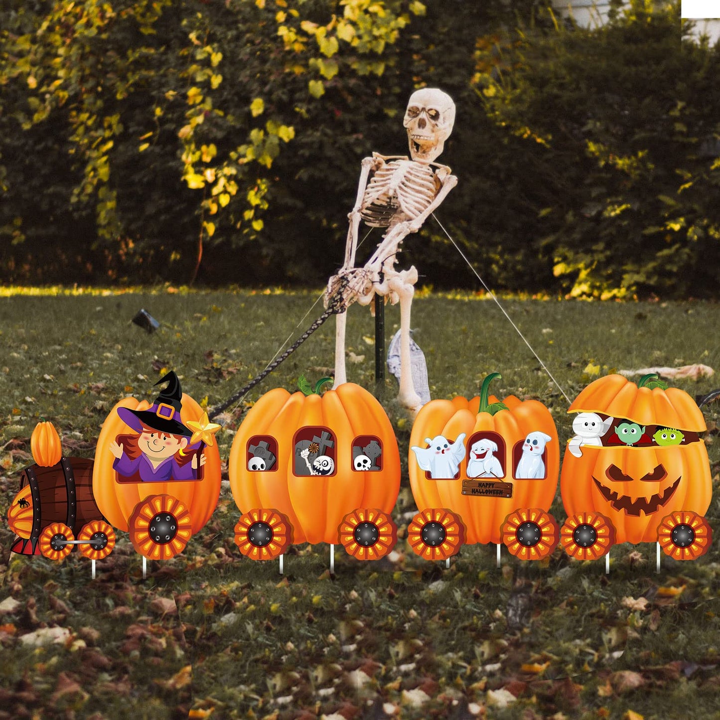 Shellwei 4 Pcs Thanksgiving Pumpkin Yard Outdoor Decor Skeleton Train Yard Signs Autumn Harvest Decorations for Lawn Outdoor Garden Farmhouse Home Thanksgiving Party Decor(Pumpkin,Yellow)