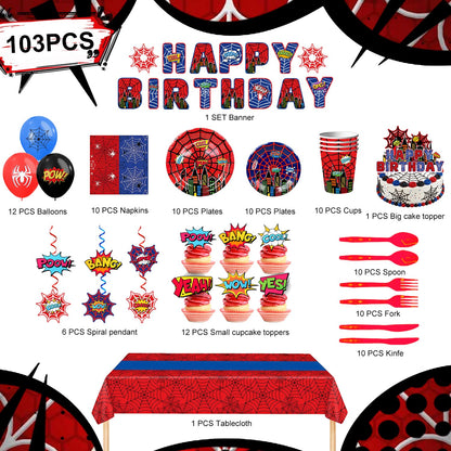 103pcs Spider Web Birthday Party Decorations Supplies, 10 Guests Spider Web Party Tableware Including Spider Balloons Cake Topper Banner Plates Spiral Pendant Cupcake Toppers etc Spider Party Supplies