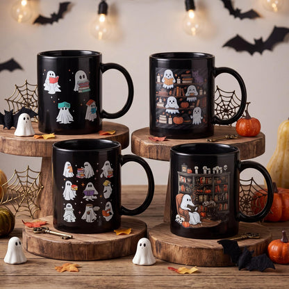 Potchen 4 Pack 12 oz Halloween Coffee Mug Book Lover Coffee Mugs Dishwasher Microwave Safe Porcelain Bookworm Cups Bookish Gifts for Man Women(Ghost Style)