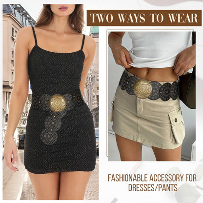 JASGOOD Western Belts for Women Wide Hollow Disc Leather Belt Cowgirl Waist Belt for Jeans Dresses with Metal Buckle