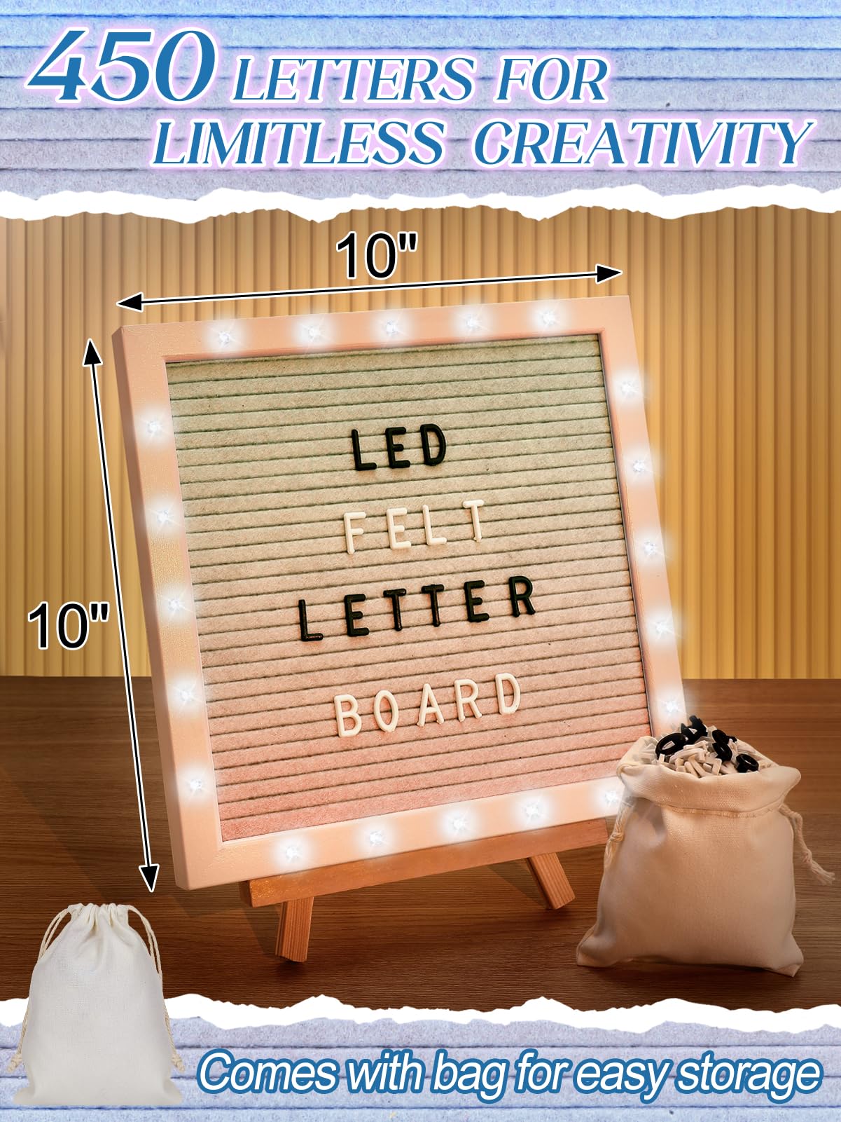 Changeable Felt Letter Board with LED Lights - 10×10" Message Custom Signs & Wood Stand & 450 Letters, Poster Board for Baby/Pregnancy Announcement/Classroom Decor Gifts First Day of School, Gradient