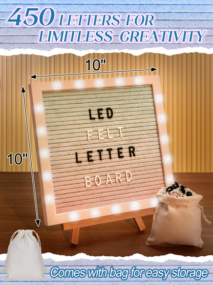 Changeable Felt Letter Board with LED Lights - 10×10" Message Custom Signs & Wood Stand & 450 Letters, Poster Board for Baby/Pregnancy Announcement/Classroom Decor Gifts First Day of School, Gradient