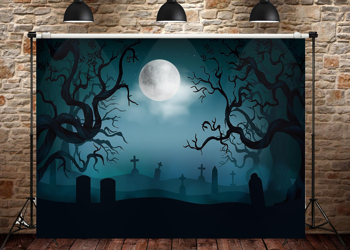 7 x 5 FT Halloween Backdrop - Large Dark Night with Moon, Tombstones Forest Design Wall Hanging Background Spooky Photography Photo Booth Props for Indoor Outdoor Garden Haunted Party Decorations