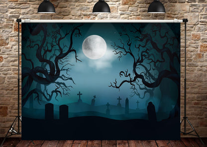 7 x 5 FT Halloween Backdrop - Large Dark Night with Moon, Tombstones Forest Design Wall Hanging Background Spooky Photography Photo Booth Props for Indoor Outdoor Garden Haunted Party Decorations