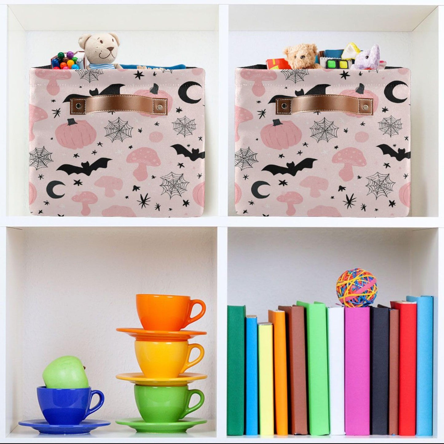 Happy Halloween Pink Storage Basket with Waterproof Liner and PU Handles Pumpkin Bat Moon Mushroom Storage Bins Boxes 14.2" Collapsible Decorative Organizer Baskets for Bedroom Closet Office 1 Pack