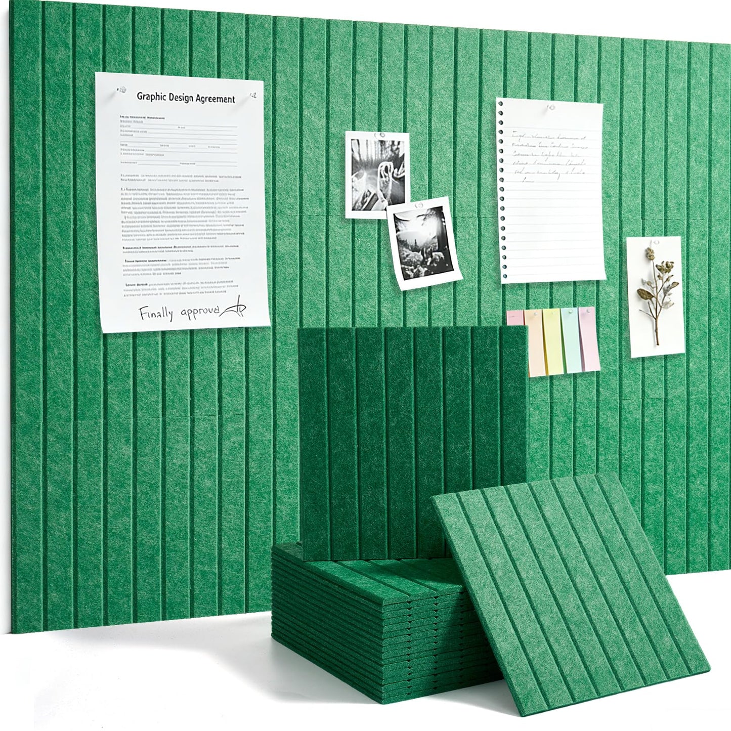 Slat Felt Wall Tiles (12 Pack) - 11.8"x11.8" Self-Adhesive Bulletin Board for Wall, Acoustic Panels for Sound Dampening, Modern Black Pin Board, Home Office Decor (30x30cm)