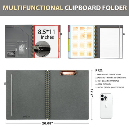 Ospelelf Clipboard with Storage for Men Women, Leather Padfolio Portfolio Organizer 5 Folders with 10 Pockets, Spiral Clipboard Folio with Notepad for Letter Size, Elastic Closure and Pen Loop Grey