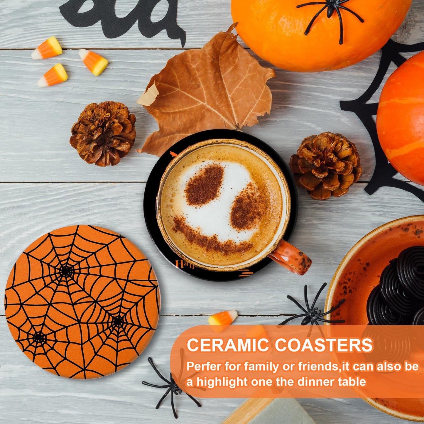 JarThenaAMCS 4Pcs Halloween Coasters Orange Black Round Ceramic Coaster Trick or Treat Heat-Resistant Cup Mats for Wooden Table Protection Home Party Supplies