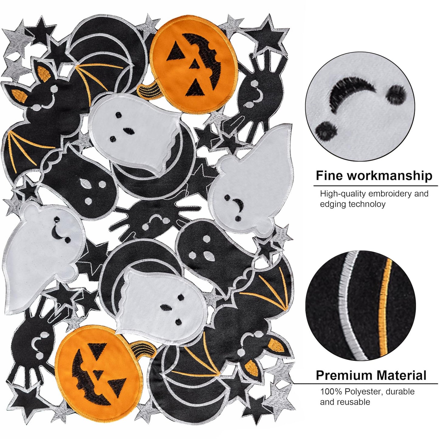 Joyfol Day Halloween Spooky Rectangular Placemats Set of 4, Cutwork Embroidered Pumpkins Place-mats 13 x 19 Inch, Black Bats Halloween Table Decorations for Parties Gothic Scary Nights