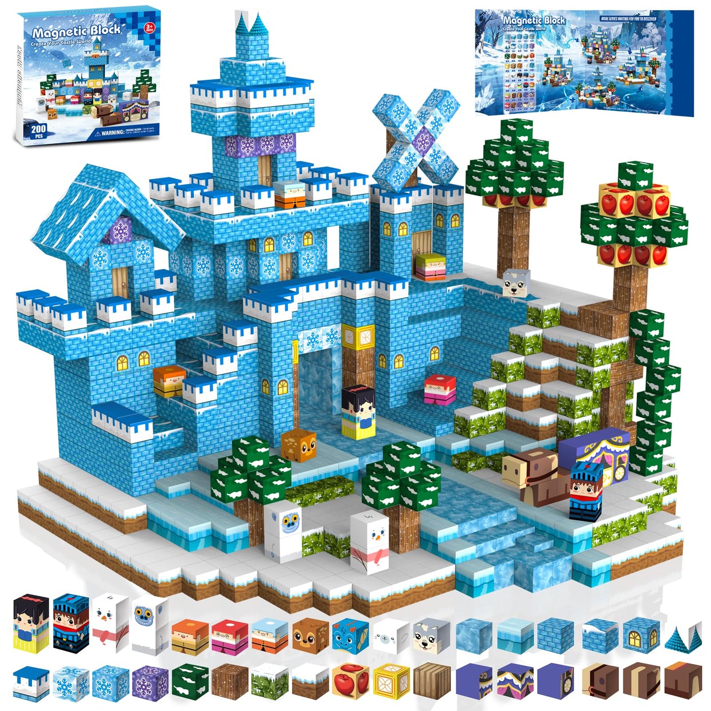 200pcs Magnetic Blocks, Magnetic Blocks for Kids Ages 4-8, Magnetic Cubes Sets for Ice Castle Build, Stacking Magnets for Kids, Birthday Gifts for Boys and Girls Age 3+ Years Old-11unique characters