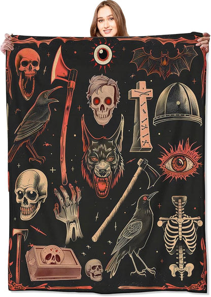Vintage Gothic Horror Blanket,Creepy Goth Skeleton Skulls Bats Fun Throw Blankets,Gifts for Women Men, Lightweight Soft Fleece Cozy,for Couch Bed Room,Festival Halloween Decor,50x60in