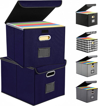 File Organizer Box, Linen Filing Organizer with Lid, Large Desktop File Boxes, Dark Blue,2 Pack