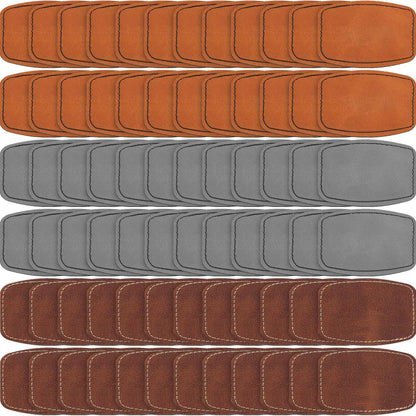 Dunzy 60 Pcs Blank Leatherette Hat Patches with Adhesive Rustic Rounded Rectangle Patch Faux Leather Patches for Hats Costumes Fabric Repair Sew Laser Supplies(Khaki, Gray, Brown,2x3inch)
