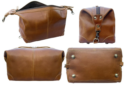 RUSTIC TOWN Full Grain Leather Toiletry Bag for Men & Women – Handcrafted Travel Dopp Kit – Large Water-Resistant Makeup & Shaving Organizer