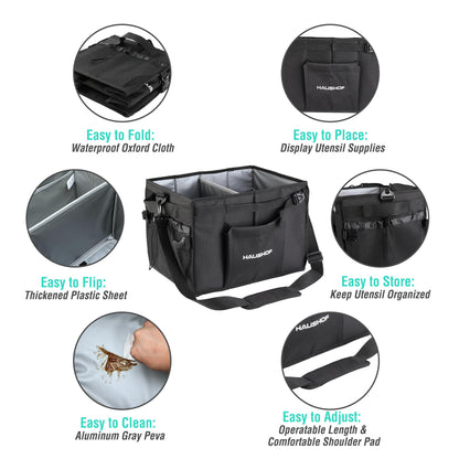 HAUSHOF Large Grill and Picnic Caddy with Paper Towel Holder, Condiment Pocket, Foldable BBQ Organizer Easy Carry Griddle Caddy for Camping, RV, Outdoor Waterproof Oxford Cloth (Black)