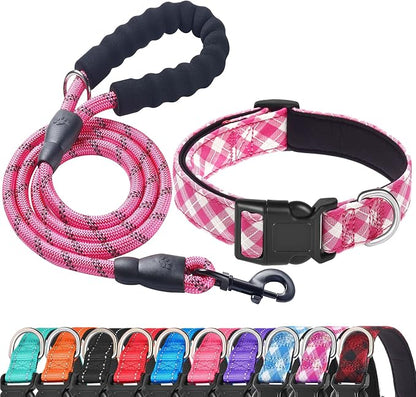 Ladoogo Reflective Dog Collar Padded with Soft Neoprene Breathable Adjustable Nylon Dog Collars for Small Medium Large Dogs (Medium (Pack of 1), Pink Plaid Collar+Leash)