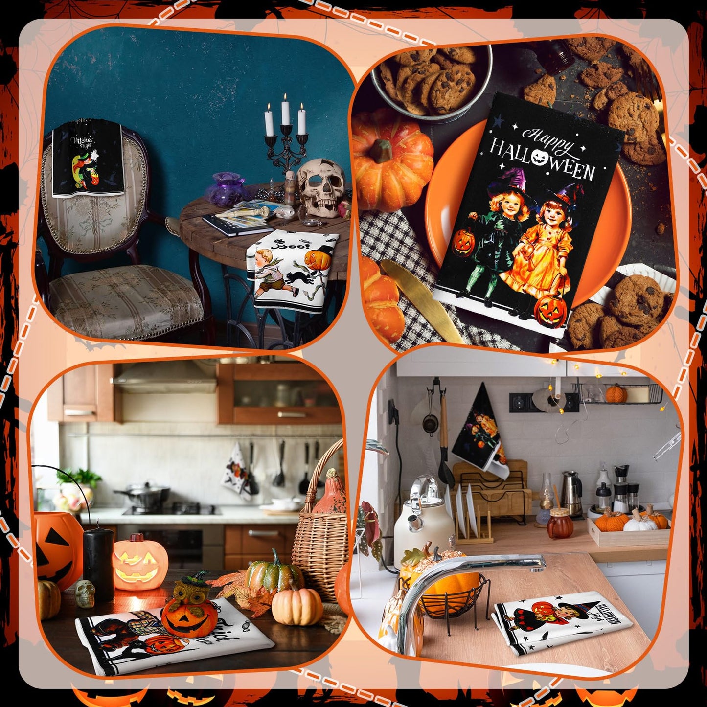 FuWeave 6 Pcs Halloween Kitchen Towels Absorbent Horrible Witch Ghost Pumpkin Bat Hand Dish Cloth Retro Decorative Funny Tea Towel for Halloween Home Gift Decor