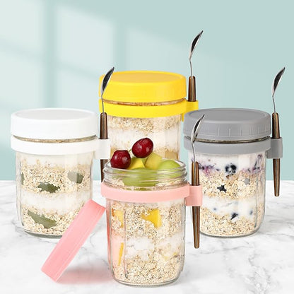 16oz Glass Mason Overnight Oats Jars, Cereal, Yogurt, Salad Lunch,Glass Overnight Oats Containers with Lids and Spoon, Container with Measurement Marks -(Grey&Pink-2Pcs)