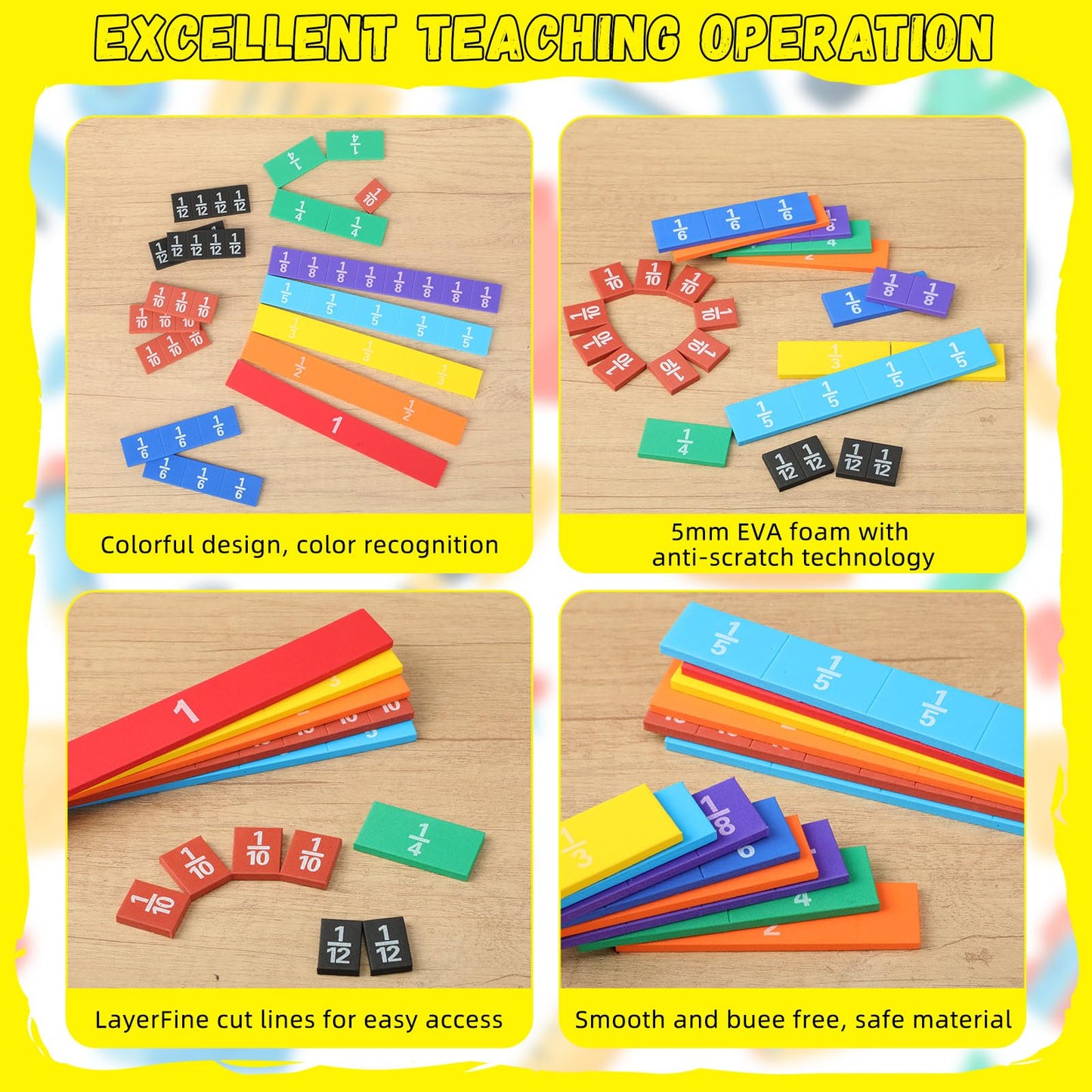Sayglossy 4 Sets Fraction Tiles Sets for Math Fraction Manipulatives Montessori Math Materials EVA Foam Algebra Tiles Games for Classroom Teaching Aids, Homeschool Supplies