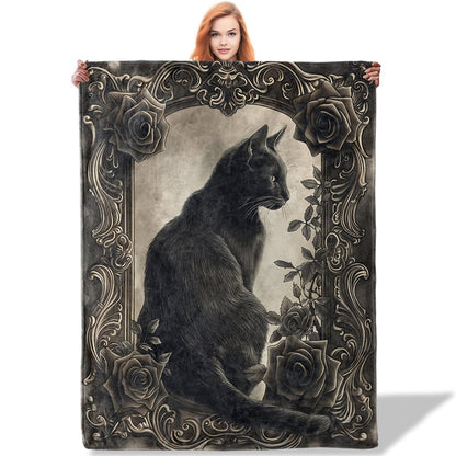 Plistiz Goth Black Cat Elegance Throw Blanket 50x60 Inch, Floral and Gothic Blankets for Unique Home Decor, Flannel Polyester, Black Cat for Cat Lovers Women