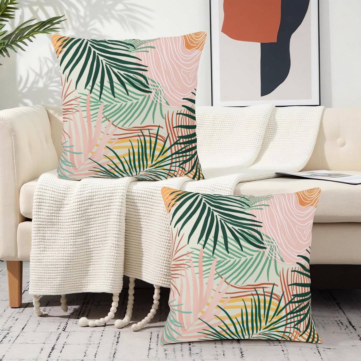 Kwlegh Colorful Abstract Pillow Covers Pink Green Tropical Palm Tree Leaves Throw Pillow Covers Modern Art Pillowcase 18x18 Set of 2 Neutral Cushion Case for Indoor Outdoor Couch Sofa