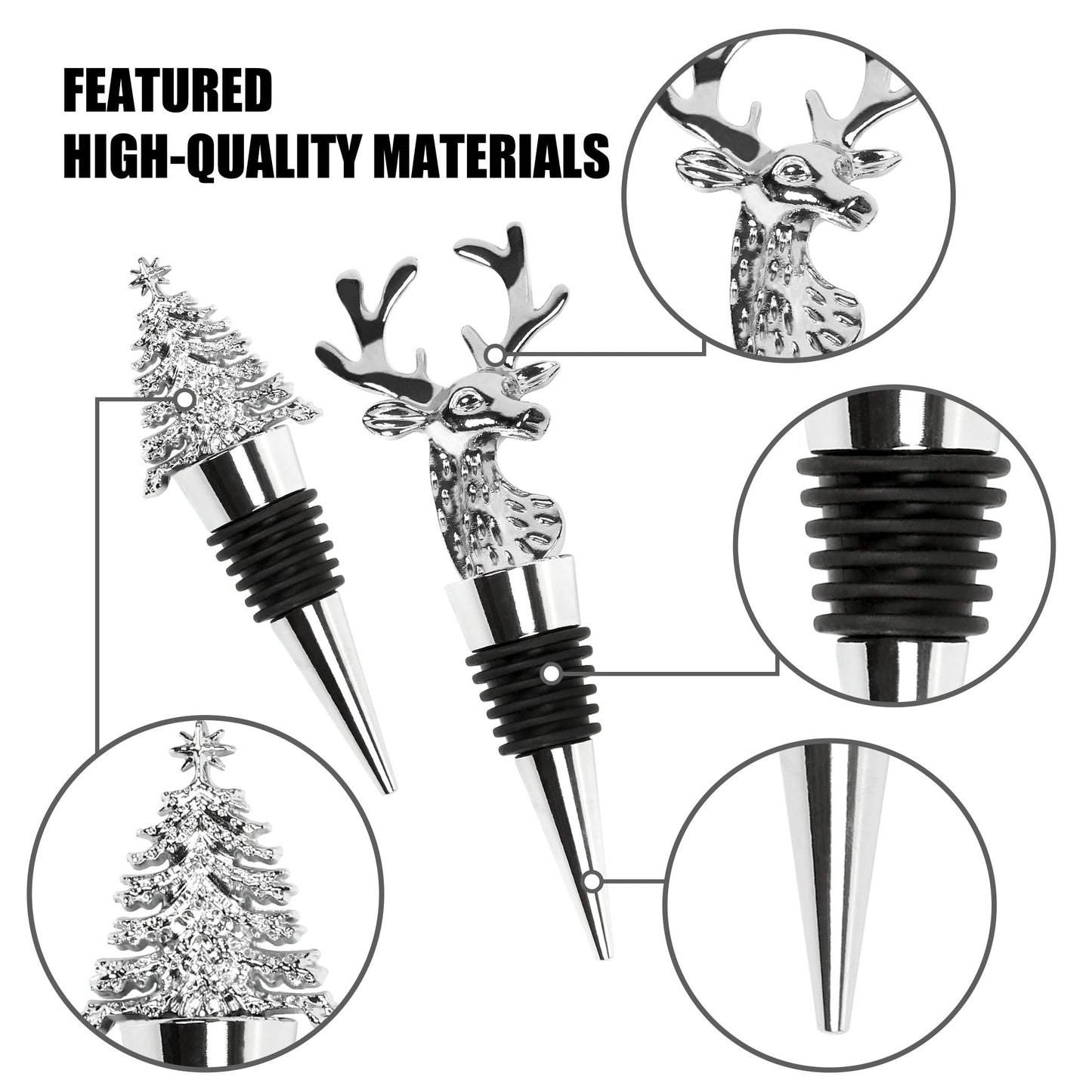 2Pack Christmas Wine Stopper, Elk & Christmas Tree Shape Decorative Wine Bottle Stopper, Food-Grade Silicone & Zinc Alloy Airtight Wine Cork for Wine Champagne, Xmas Party Home Bar Holiday Gift Silver