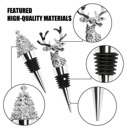 2Pack Christmas Wine Stopper, Elk & Christmas Tree Shape Decorative Wine Bottle Stopper, Food-Grade Silicone & Zinc Alloy Airtight Wine Cork for Wine Champagne, Xmas Party Home Bar Holiday Gift Silver