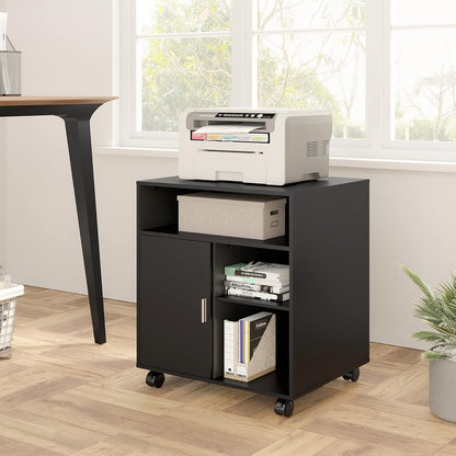 FITUEYES Printer Stand with Storage Adjustable Shelves, Wood Mobile Cart with Door, Rolling File Cabinet on Wheels for Home Office, Black, PS406001WB